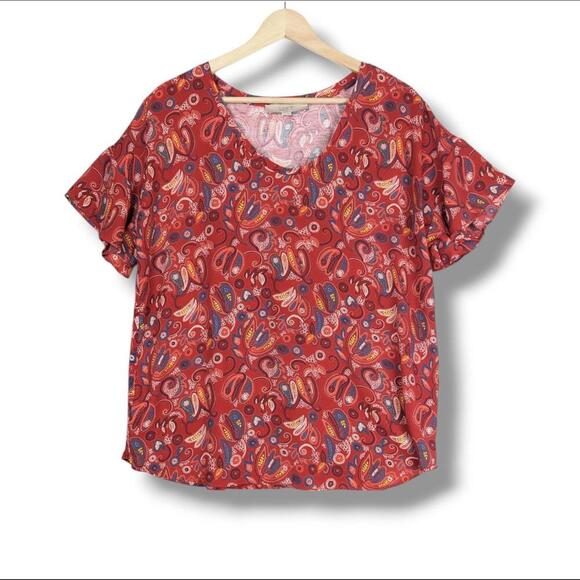 Loft Red Paisley Ruffle Top Short Sleeve Large Women's - Picture 1 of 9